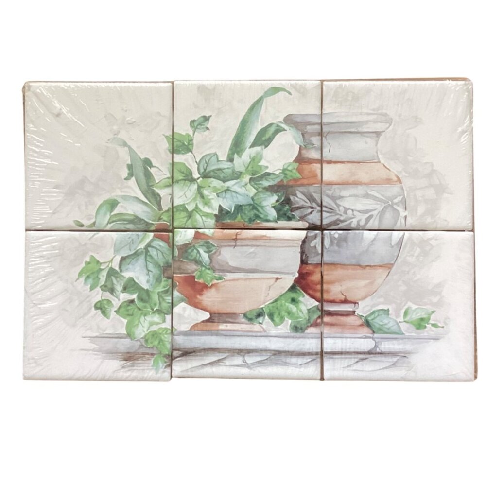 13” x 8.5" Terracotta & Ivy Pots Urn Glossy White Ceramic Tile Mosaic Eden‎ Ivy